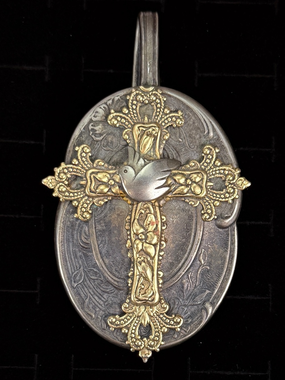 Vintage Oval Handmade Large Spoon Cross Dove Pendant